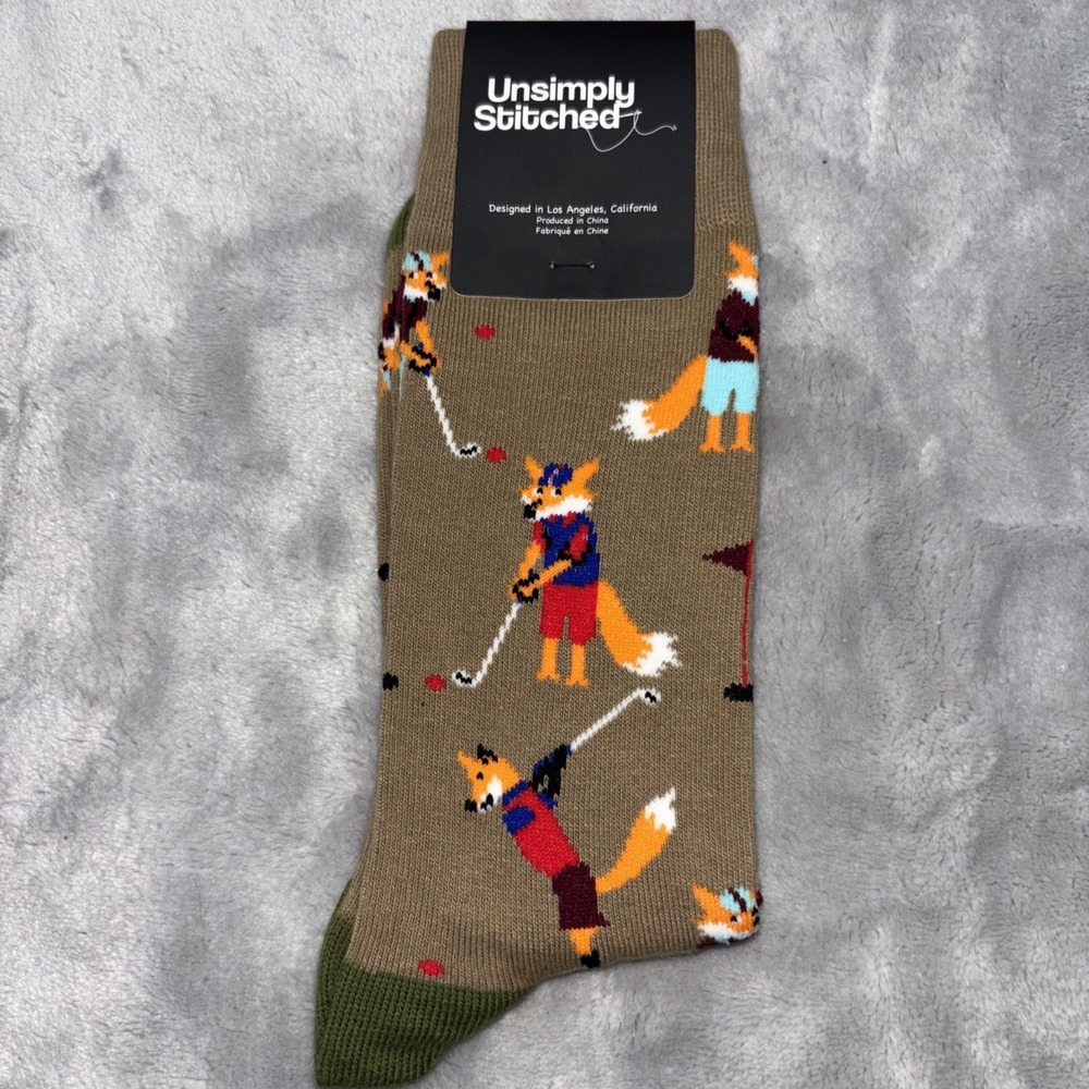 Unsimply Stitched Brown Golfing Fox Printed Crew‎ Socks Mens Size 8-12
